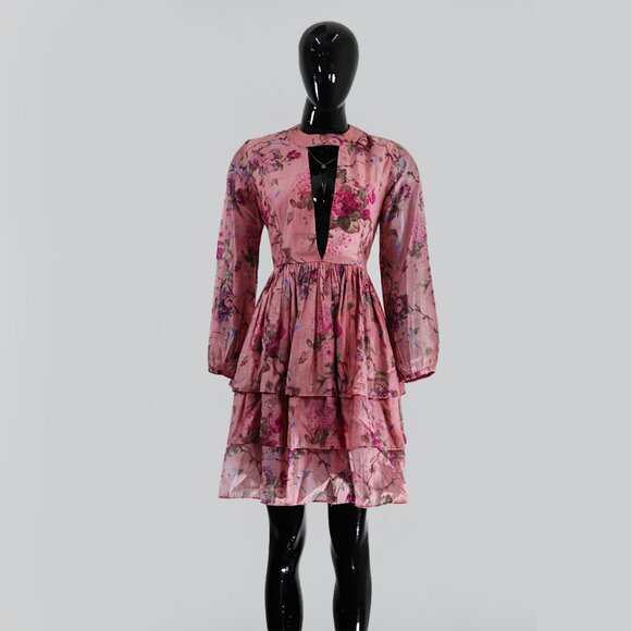 Charming Sheer Pink Floral Dress - Tiered & Flowy - Picture 1 of 5